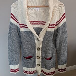 Vintage Collar Gray & Cream Cardigan with Red Stripe Detail